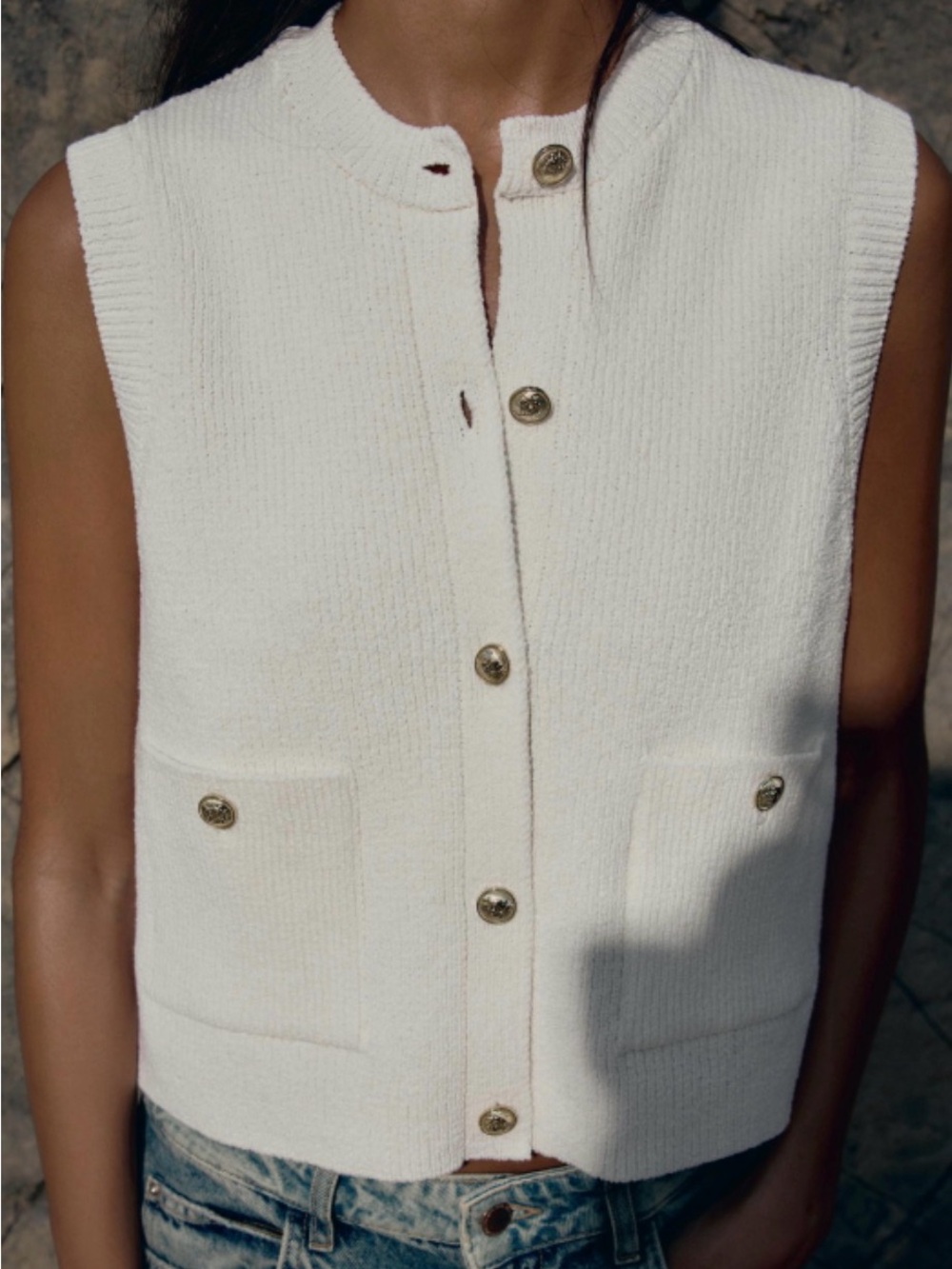 Zara Ivory Sleeveless Knit Cardigan Vest with Gold Buttons